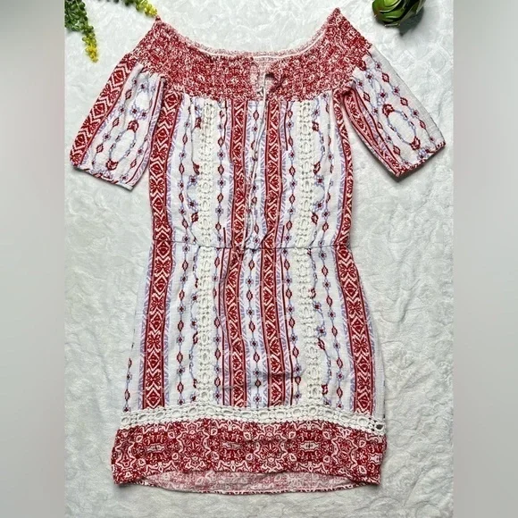 Saylor x Revolve Blossom Off The Shoulder Boho Printed Mini Dress in White Red S - Picture 2 of 15